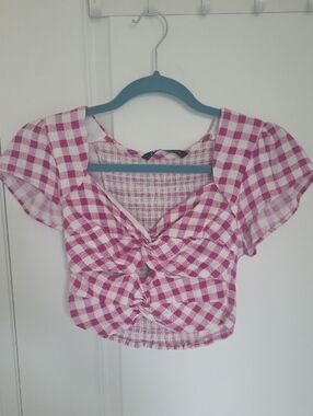 Zara Pink Gingham Knot-Front Crop Top